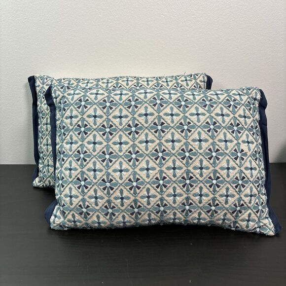 Pier 1 Imports Throw Pillows Set of 2 Teal‎ Navy Blue Embroidered Rectangle - Picture 1 of 16